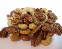 A pile of glazed nuts from the side